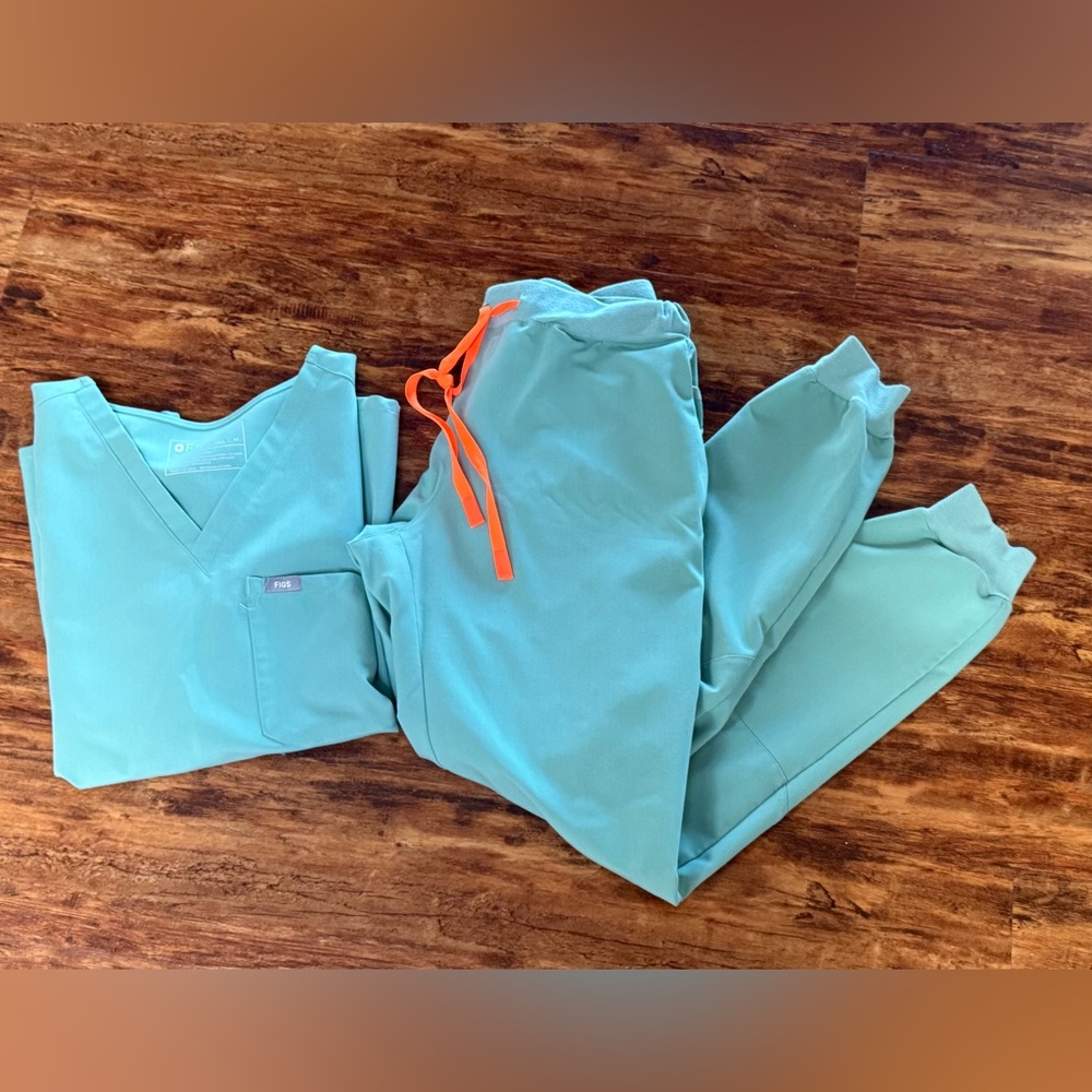 Figs Teal Scrub Set with Bright Orange Accents